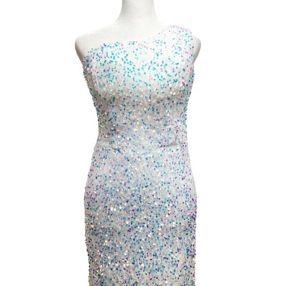 One-Shoulder Dress White Sequin Gown With Detachable Tulle Skirt Size 2 - Picture 12 of 14